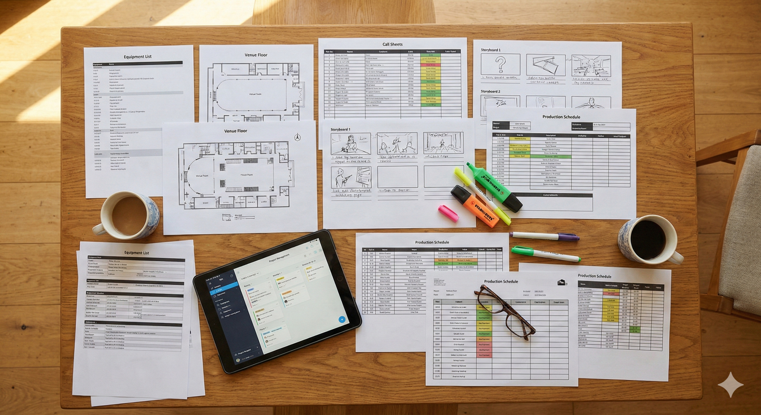 Live event video production planning - production team reviewing shot list and camera positions for corporate event