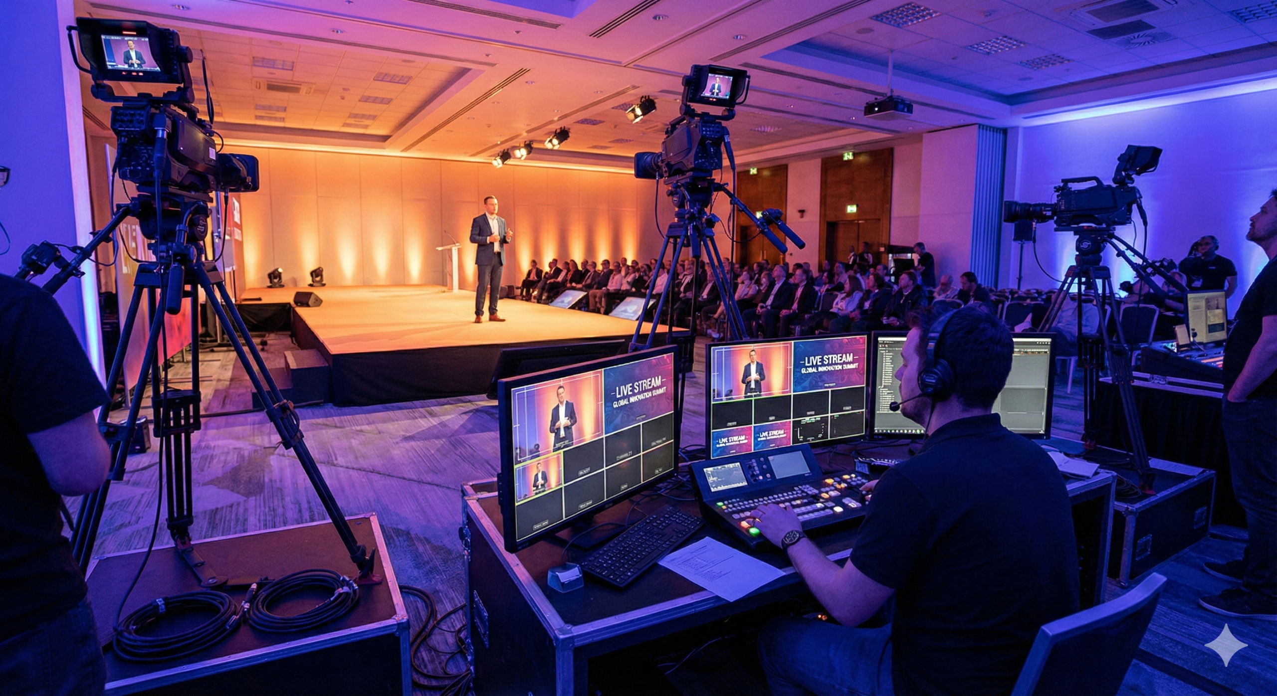 Multi-camera live streaming - professional multi-cam setup broadcasting corporate event online