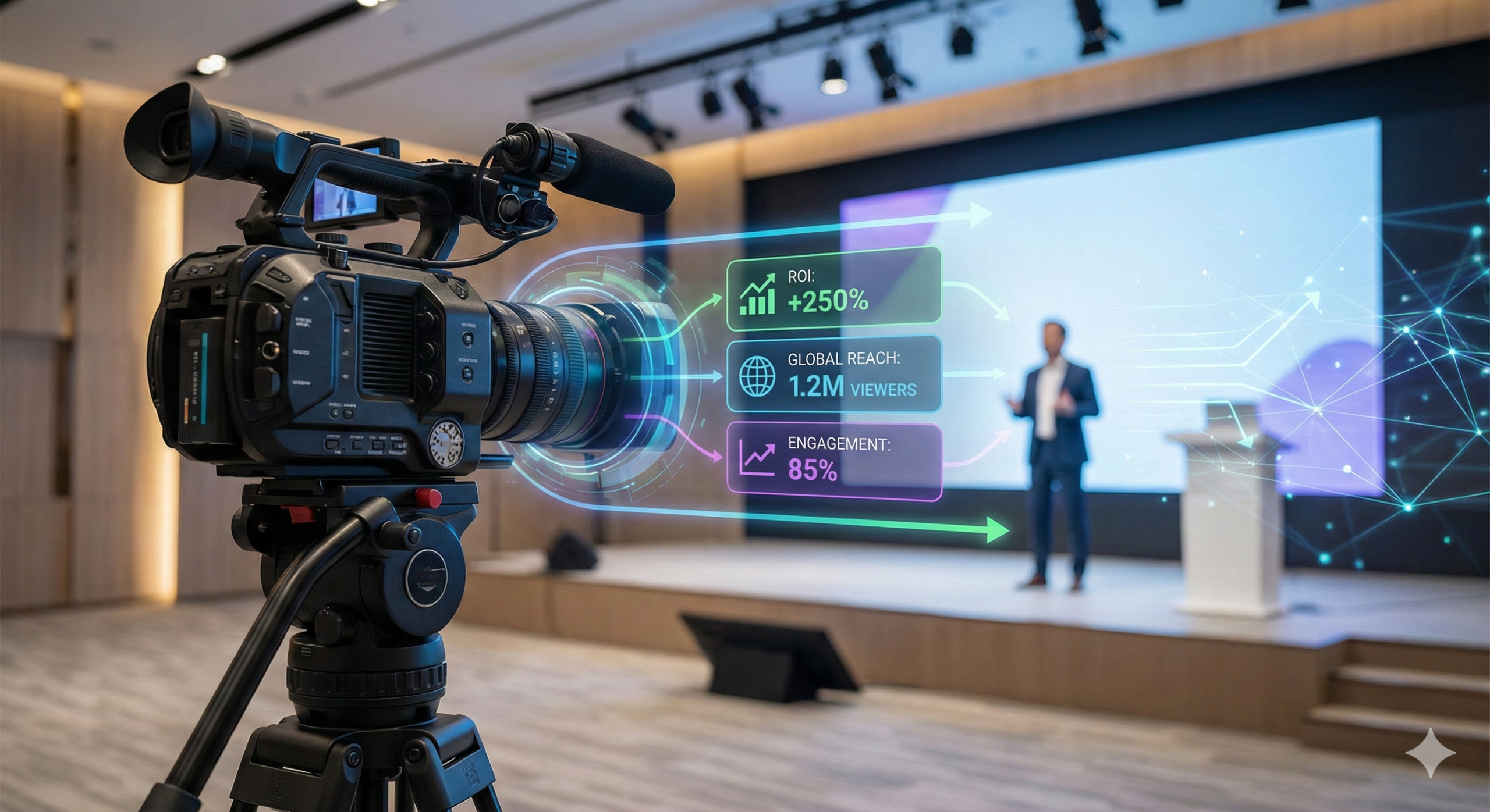 Video production ROI - professional camera crew filming corporate event for maximum return on investment
