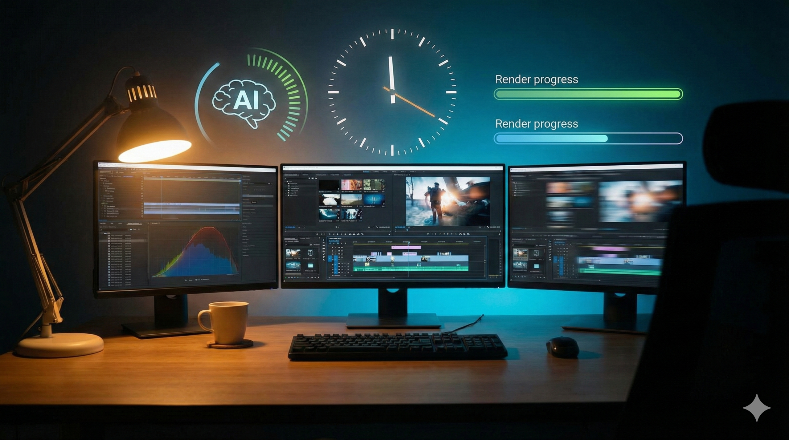 AI video post-production - editor using AI-powered tools to edit multi-camera event footage