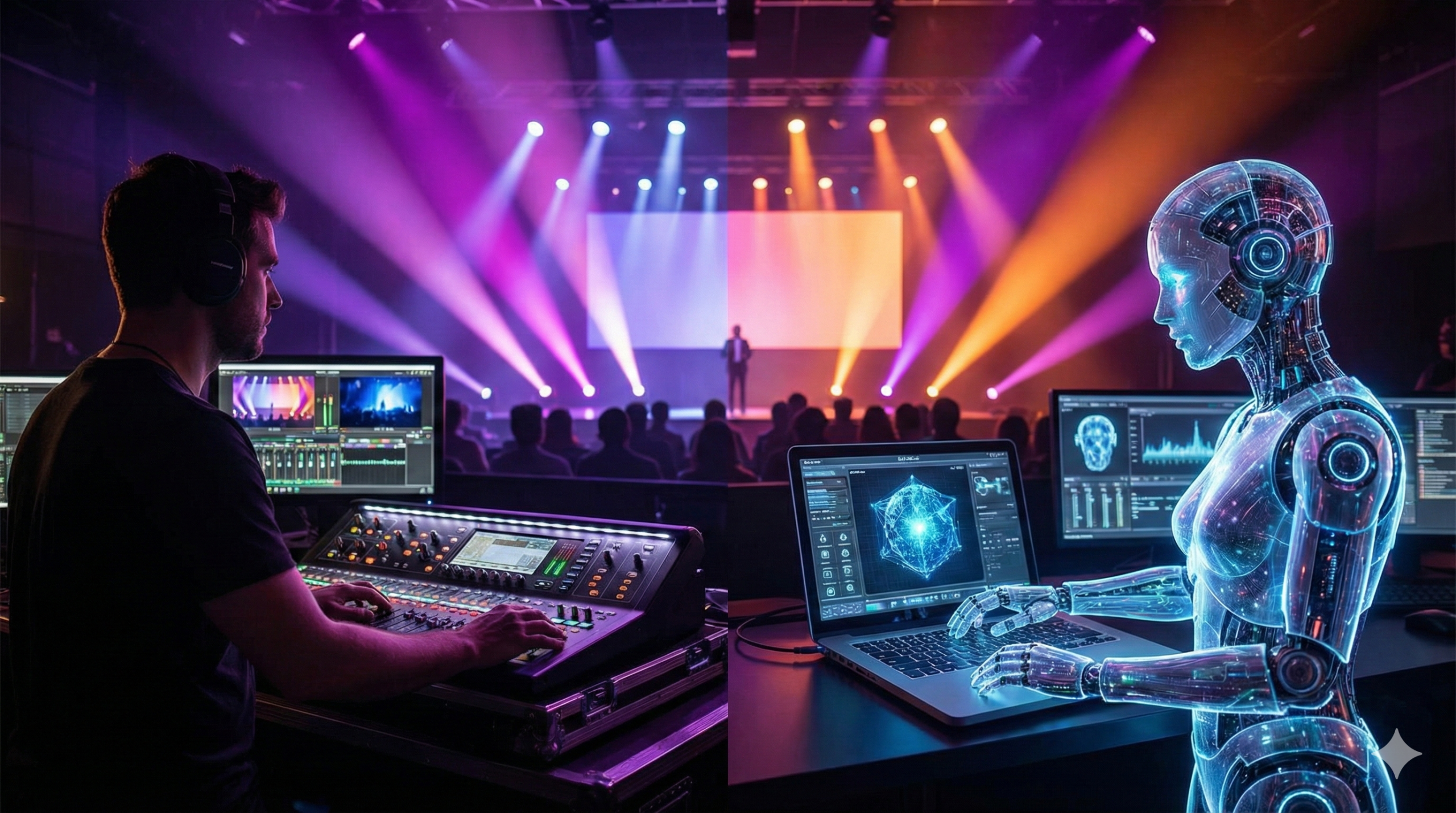AI creativity video production - creative director using AI tools to enhance live event video