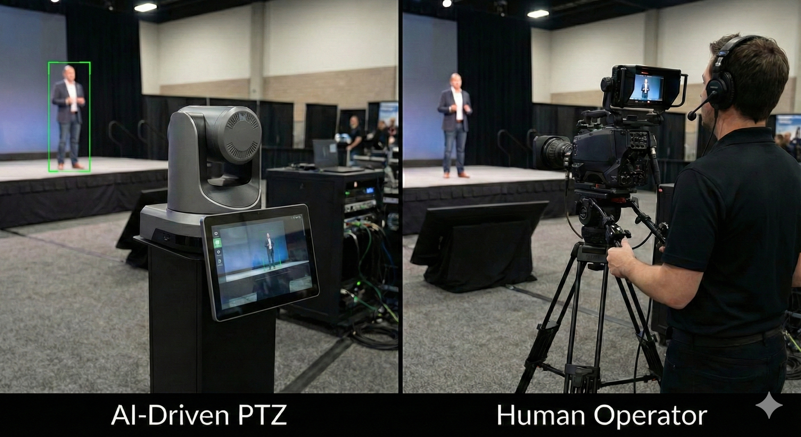 AI camera tracking IMAG - robotic camera following speaker on stage at live event