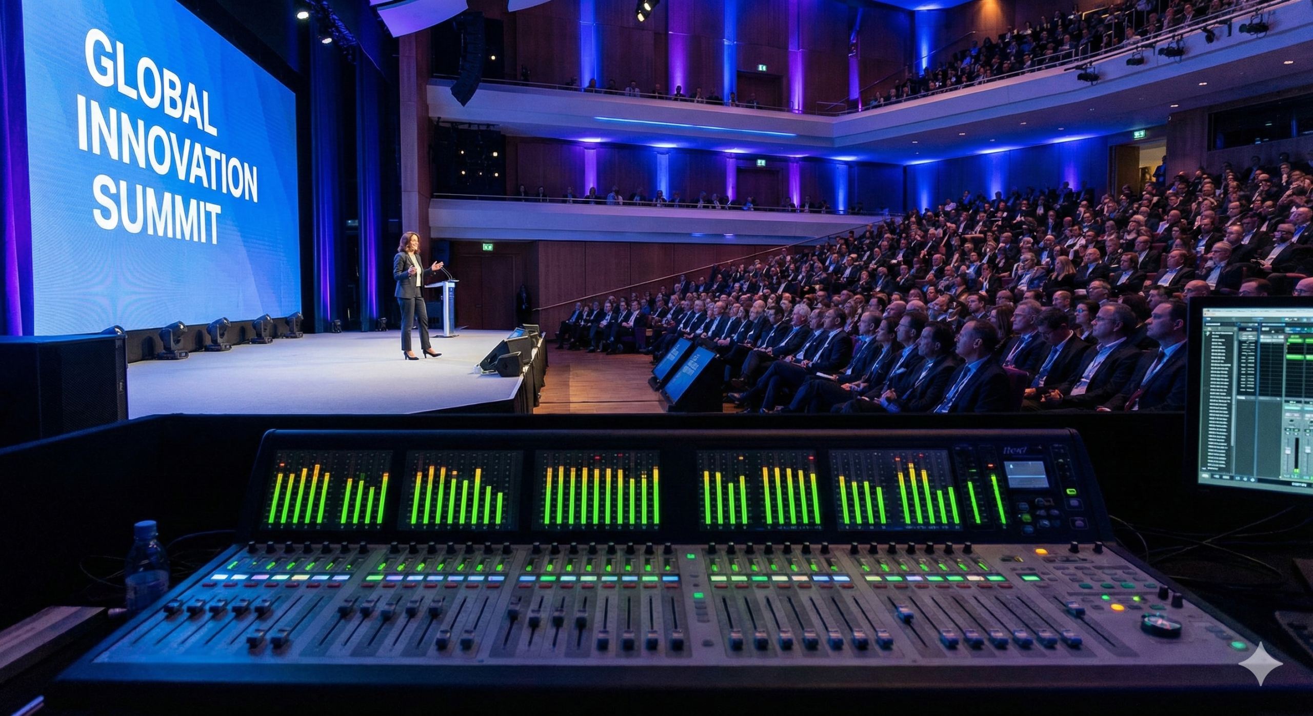 AV support live events - technical crew managing audio visual equipment at corporate conference