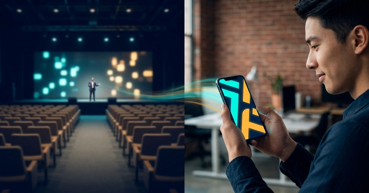 Split-frame illustration: empty conference auditorium with presenter speaking on stage versus a young professional engaged with vibrant short-form video content on smartphone