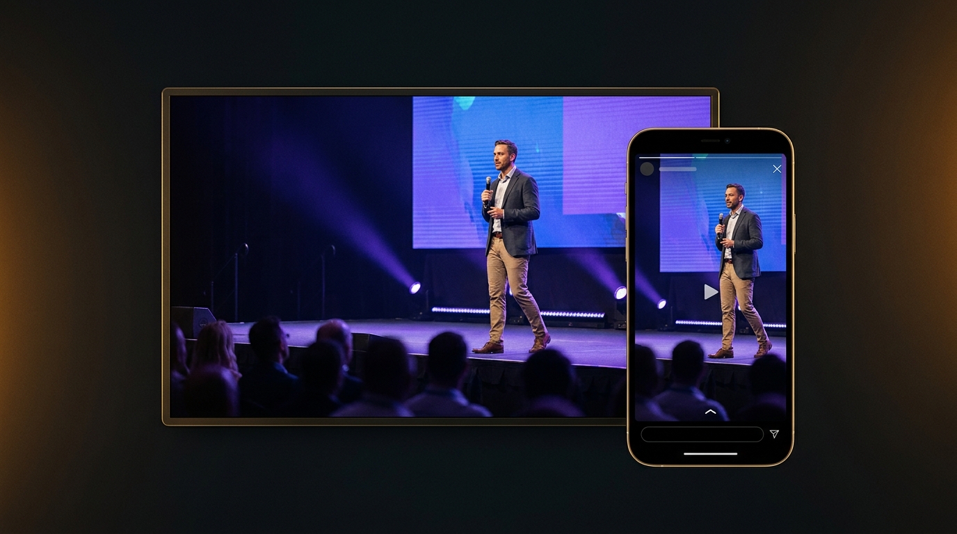AWS Elemental Inference - AI vertical video reframing illustrated by a 16:9 broadcast monitor showing a corporate keynote speaker, alongside a smartphone showing the same speaker reframed to 9:16 vertical format