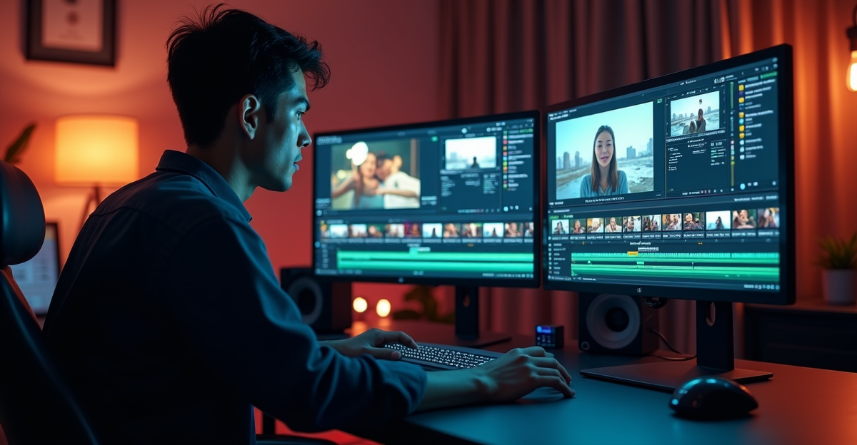 AI video editing suite showing automated timeline cuts and event footage processing on dual monitors in a professional editing environment