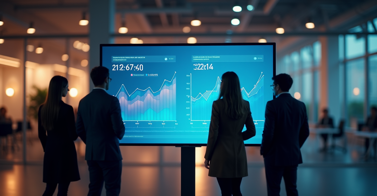Marketing team analysing event video ROI metrics and content lifecycle engagement data on a large touchscreen display in a modern office