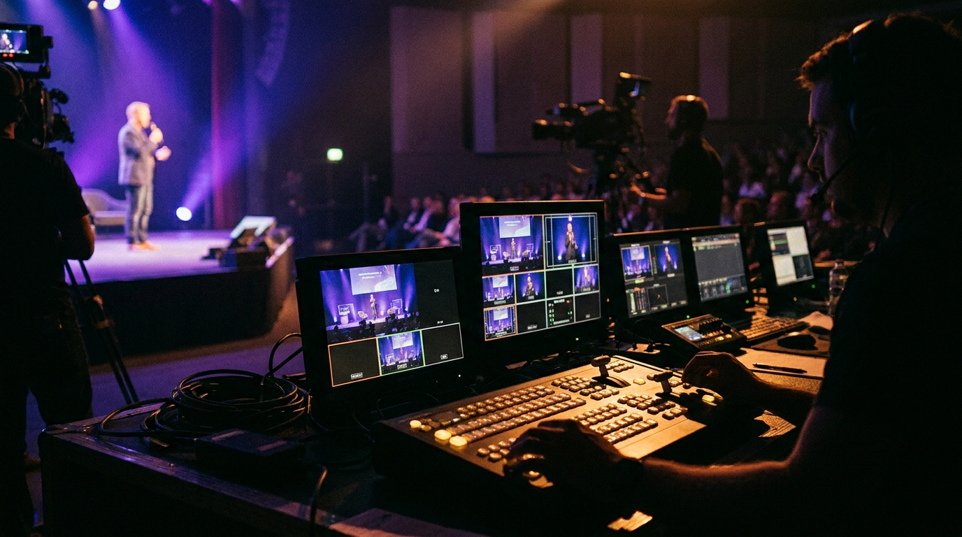 A live broadcast production environment at a corporate keynote, showing multi-camera coverage and a vision mixer at the controls with monitors displaying multiple camera angles