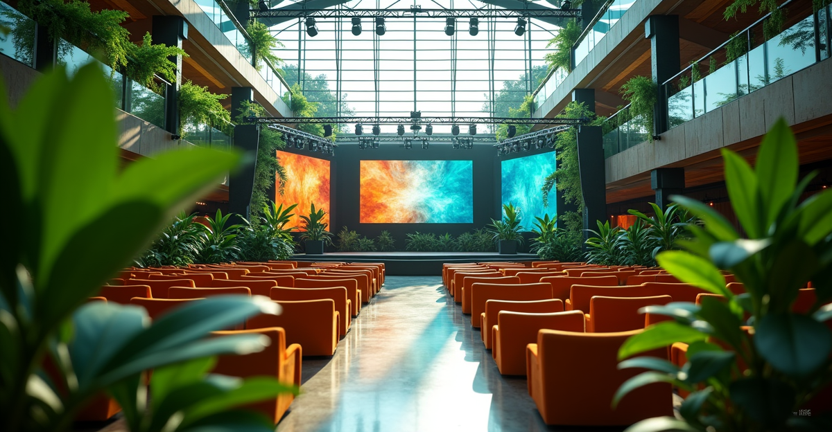 Sustainable event video production setup featuring energy-efficient LED video walls and eco-friendly staging materials in a green conference venue