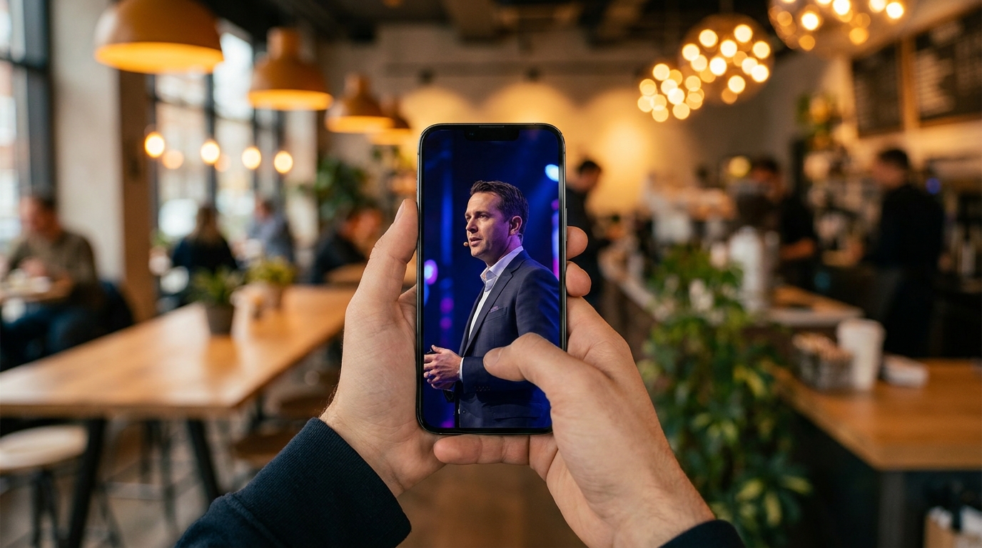 A person watching a corporate keynote on their smartphone in vertical 9:16 format - the speaker is properly centred in the vertical frame, demonstrating the AI-reframed vertical output